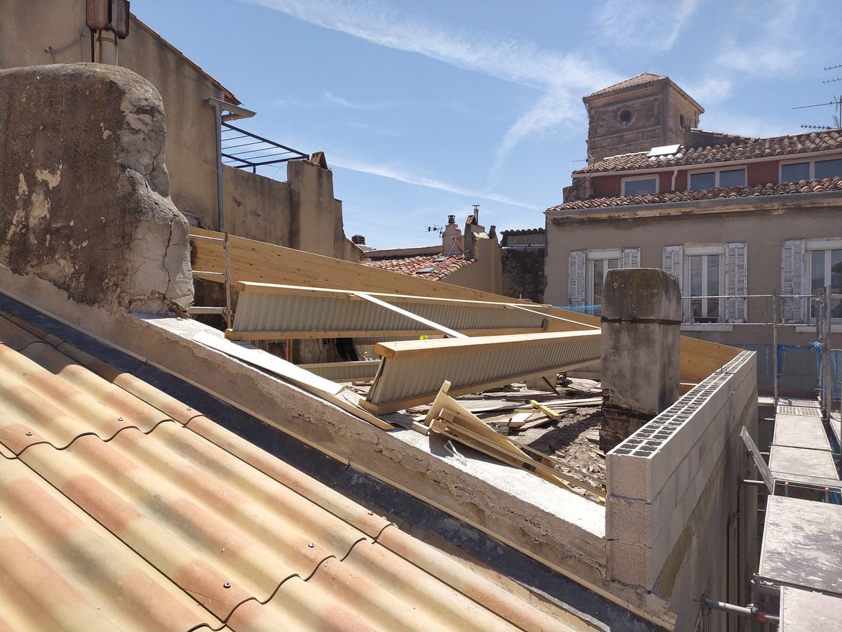Toiture en tuiles et souches de cheminée